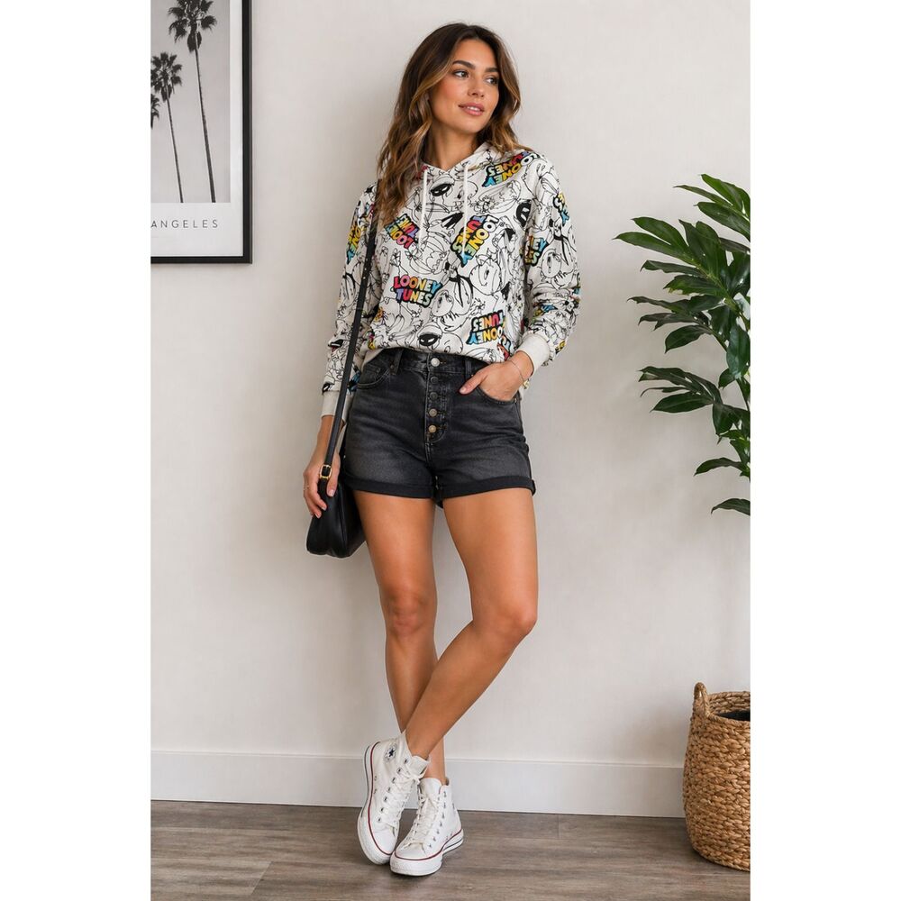Vintage Looney Tunes Hoodie Medium White All Over Print Cartoon Graphic Pullover